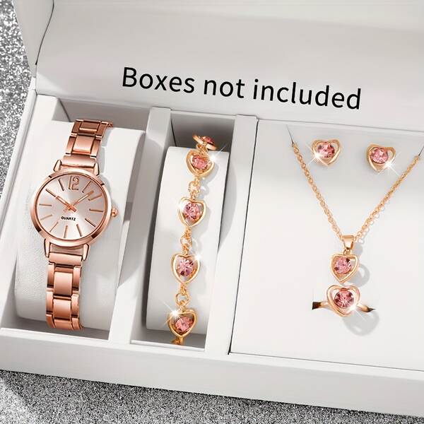 6 conjuntos de relógios femininos elegantes e elegantes + colares em forma de coração, anéis, orelhas e pulseiras