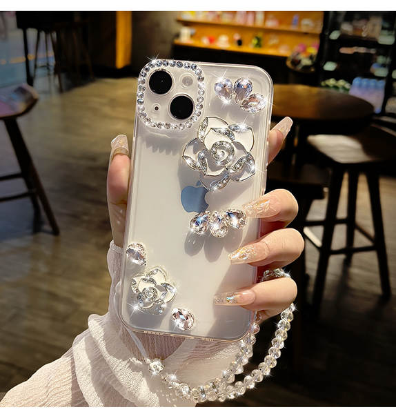 Aplicável à Apple 17promax telemóvel casca de água de luxo diamante flor de chá criativo iPhone16 novo conjunto transparente 15