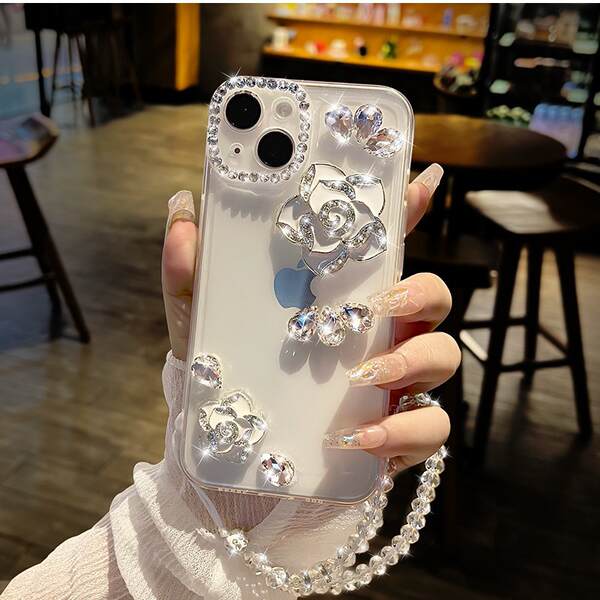 Aplicável à Apple 17promax telemóvel casca de água de luxo diamante flor de chá criativo iPhone16 novo conjunto transparente 15